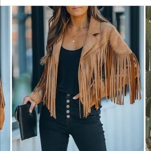 *BRAND NEW* WALFORD CROPPED FRINGE FAUX SUEDE JACKET - CAMEL